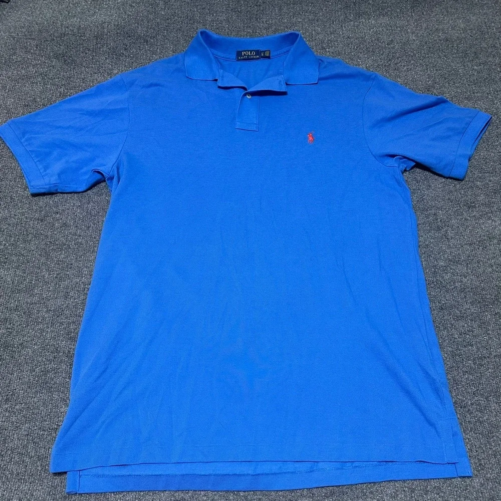 Polo Ralph Lauren Mens Blue Short Sleeve Polo Shirt Large Tall LT Orange Pony